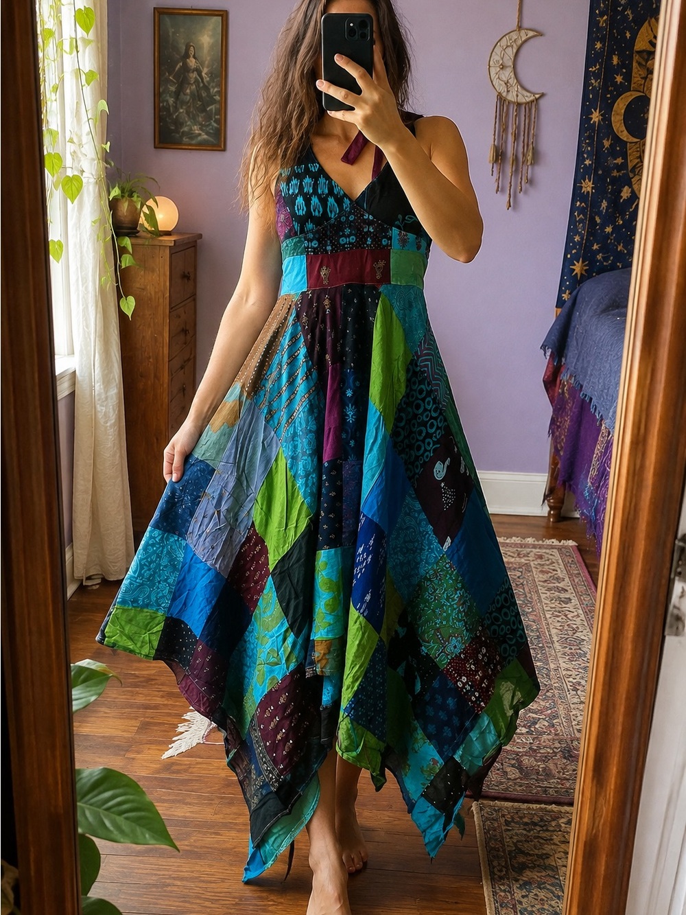 Bohemian Patchwork V-Neck Maxi Dress in Blue & Green
